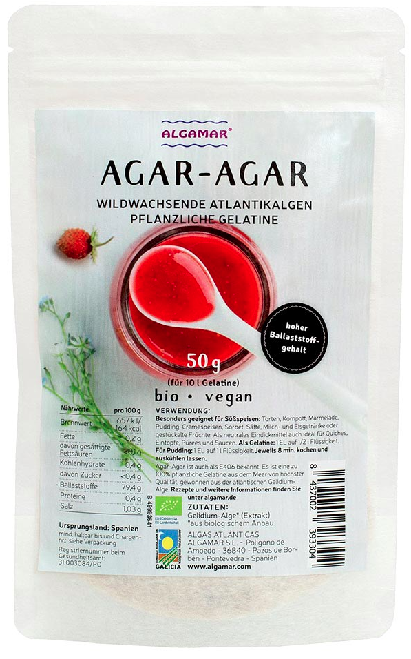 Agar Agar Flocken BIO, Bindemittel aus Algen, vegane Gelatine 50g