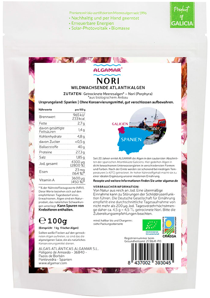 Nori Algen BIO,  Nori Flocken, 2 min rösten, 15 min einweichen, Eiweißreich, Vitamin A, 100g oder 25g
