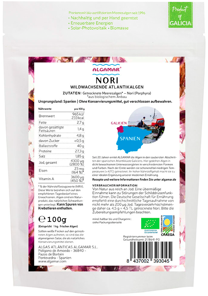 Nori Algen BIO,  Nori Flocken, 2 min rösten, 15 min einweichen, Eiweißreich, Vitamin A, 100g