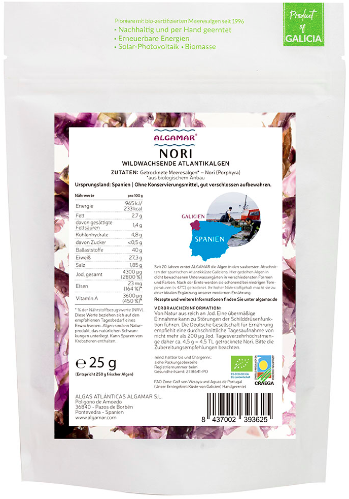 Nori Algen BIO,  Nori Flocken, 2 min rösten, 15 min einweichen, Eiweißreich, Vitamin A, 100g