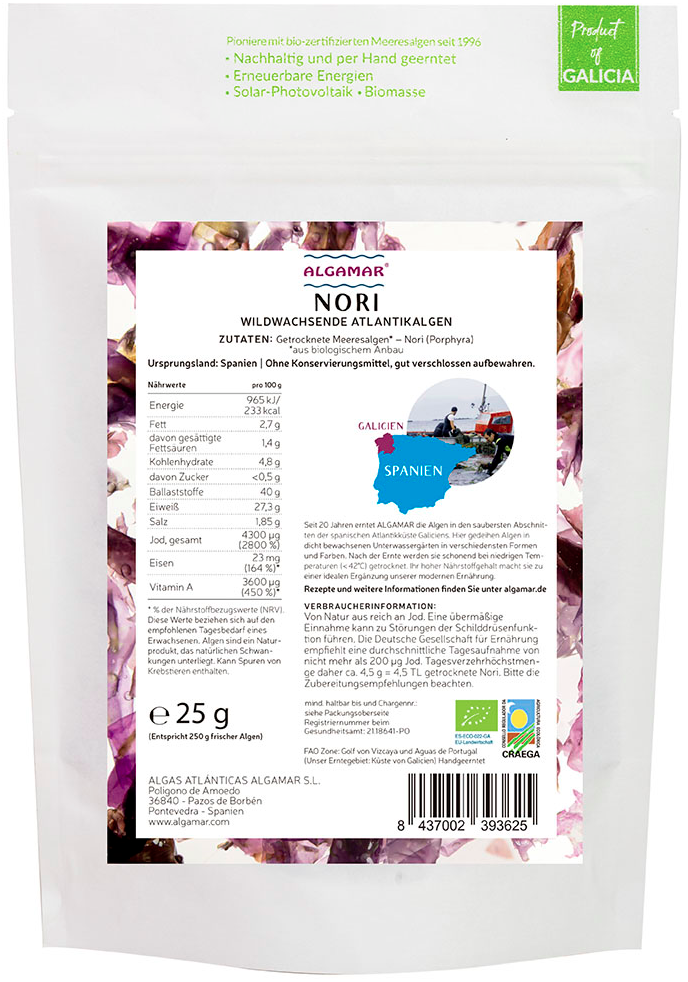 Nori Algen BIO,  Nori Flocken, 2 min rösten, 15 min einweichen, Eiweißreich, Vitamin A, 100g oder 25g
