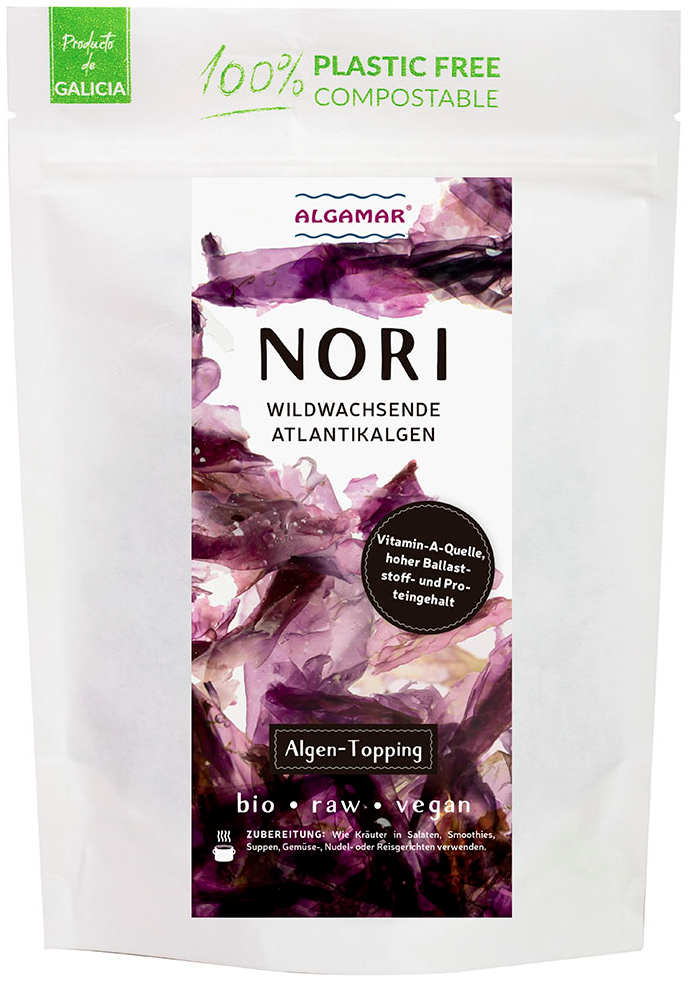 Nori Algen BIO,  Nori Flocken, 2 min rösten, 15 min einweichen, Eiweißreich, Vitamin A, 100g oder 25g